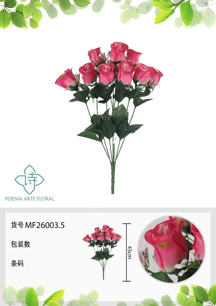 Rama artificial de rosa 9 cabezales 45 cm rosa - Planta decorativa