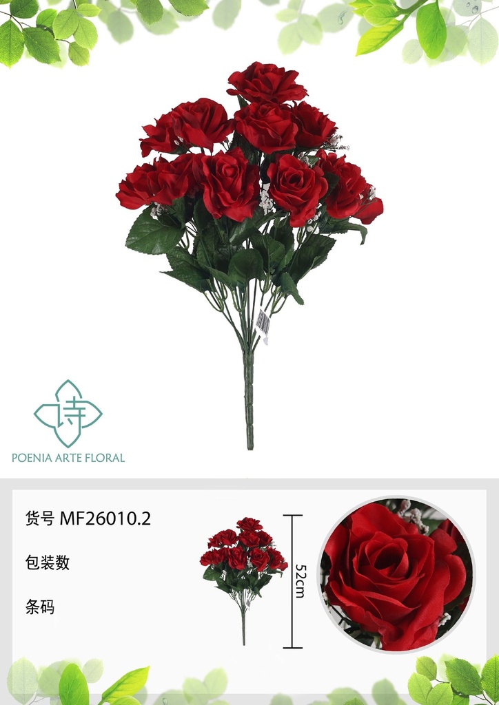 Rama artificial de rosa 12 cabezales 52 cm roja - Planta decorativa