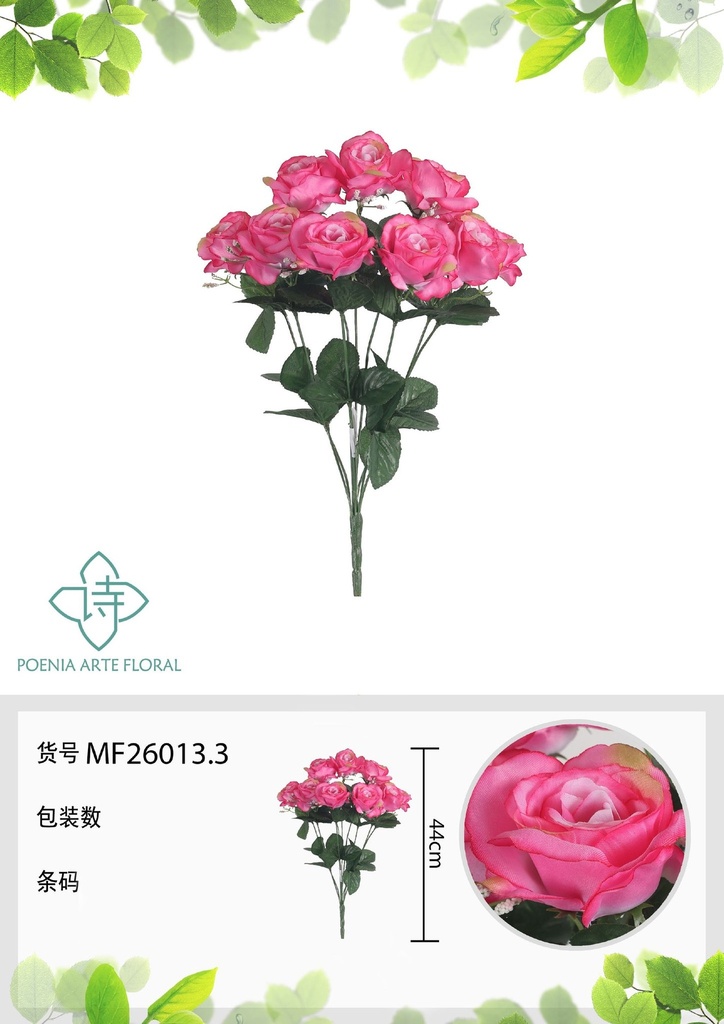 Rama artificial de rosa 9 cabezales 44 cm fucsia - Planta decorativa