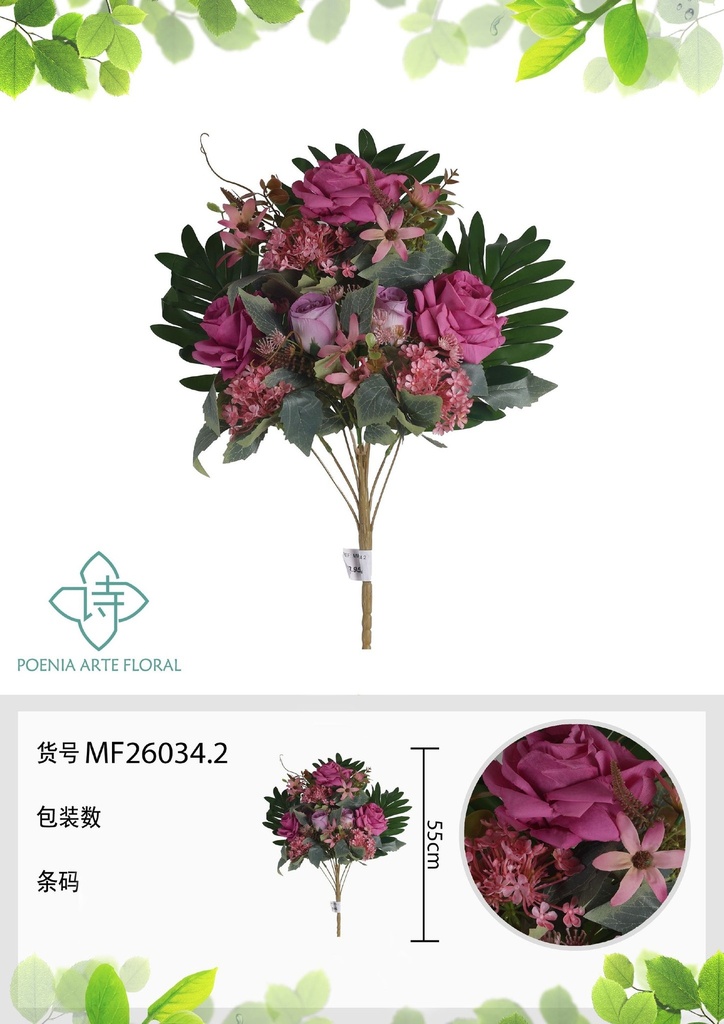Ramo de 11 cabezas de flores de forma de abanico con borde rizado 55 cm - Flores artificiales decorativas