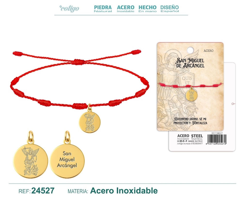 Pulsera de 7 nudos con San Miguel Arcángel de acero dorado - Joyería religiosa y de santos