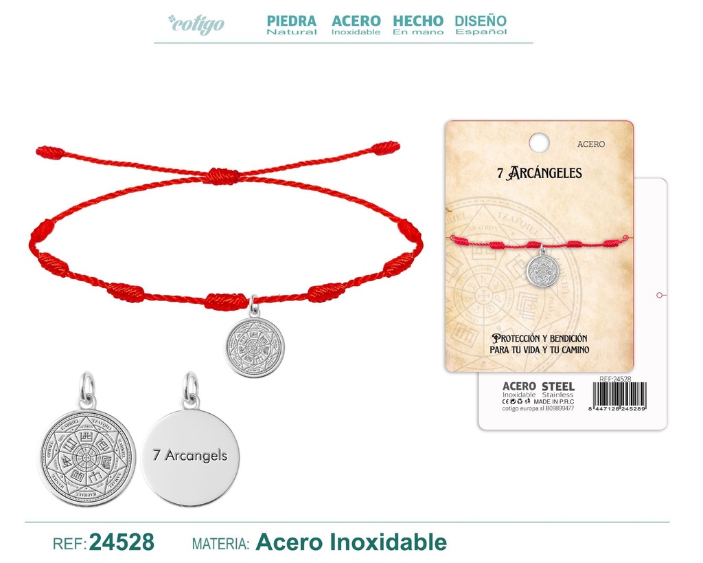 Pulsera de 7 nudos con 7 arcángeles de acero plateado - Joyería religiosa y de santos