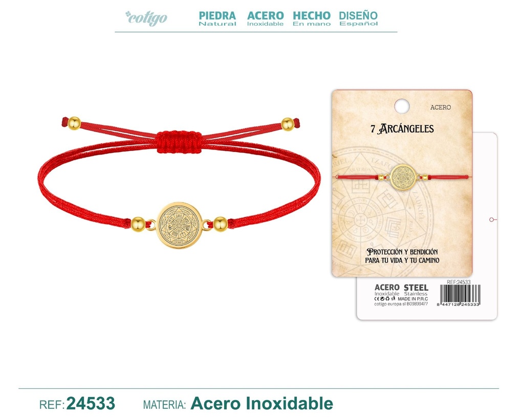 Pulsera de hilo encerado con 7 arcángeles de acero dorado - Joyería religiosa y de santos