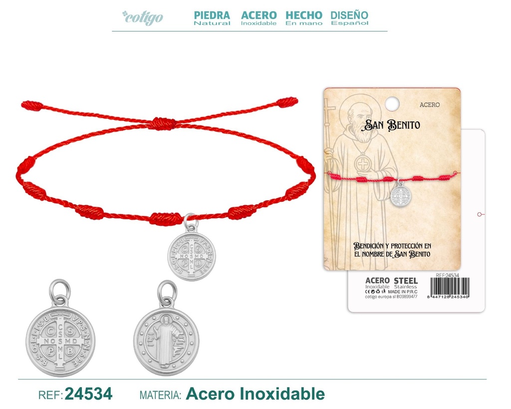 Pulsera de 7 nudos con San Benito de acero plateado - Joyería religiosa y de santos