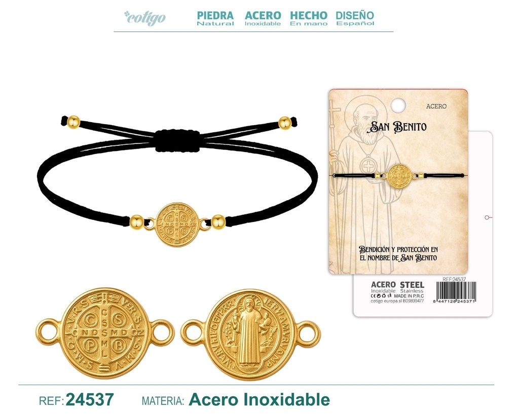 Pulsera de hilo encerado con San Benito de acero dorado - Joyería religiosa y de santos