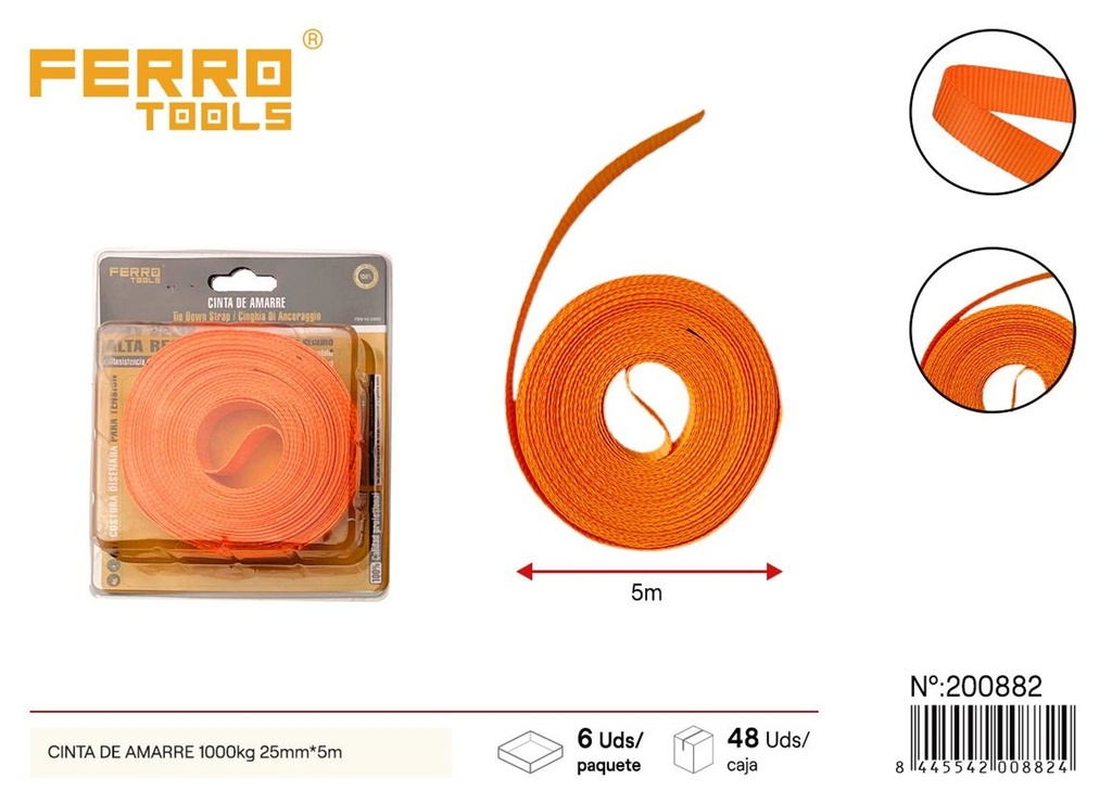 Cinta de amarre 1000 kg 25 mm x 5 m - Novedades para el hogar