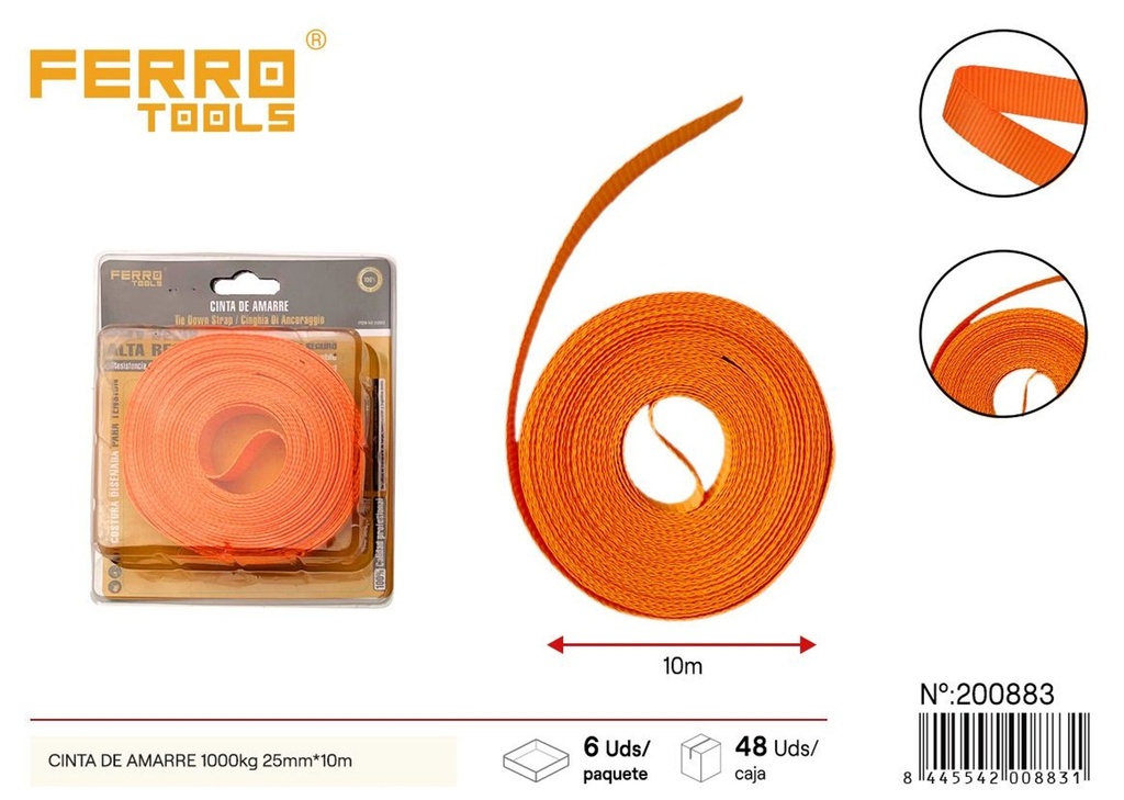Cinta de amarre 1000 kg 25 mm x 10 m - Novedades para el hogar