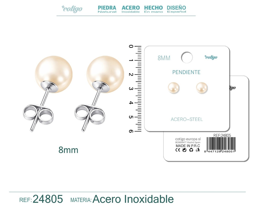 Pendiente de perla redonda de 8 mm con accesorio de acero - Joyería y accesorios