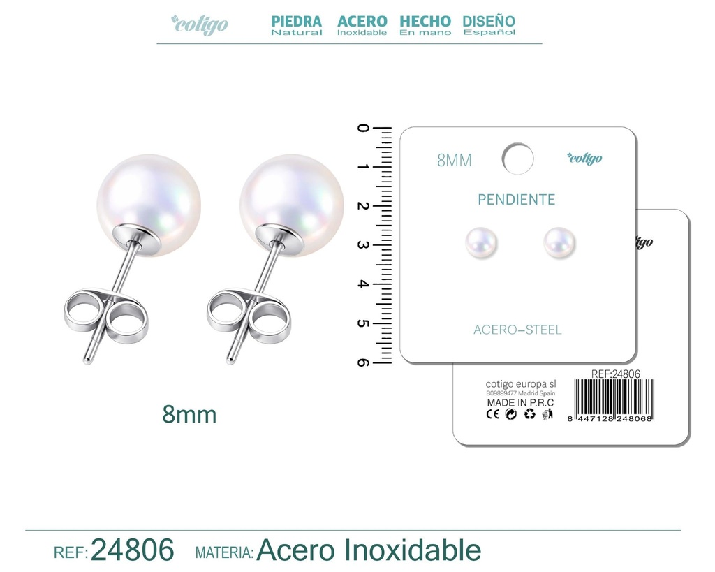 Pendiente de perla redonda de 8 mm con accesorio de acero - Joyería y accesorios