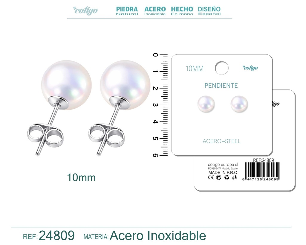 Pendiente de perla redonda de 10 mm con accesorio de acero - Joyería y accesorios