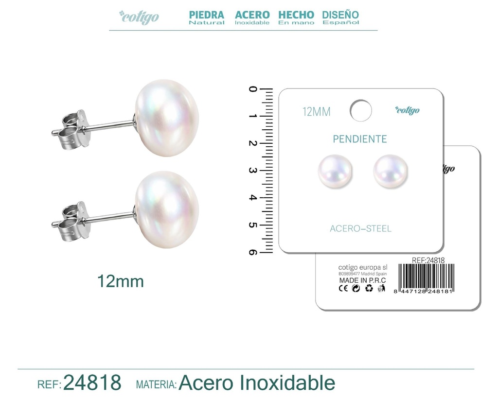 Pendiente de perla ovalada de 12 mm con accesorio de acero - Joyería y accesorios