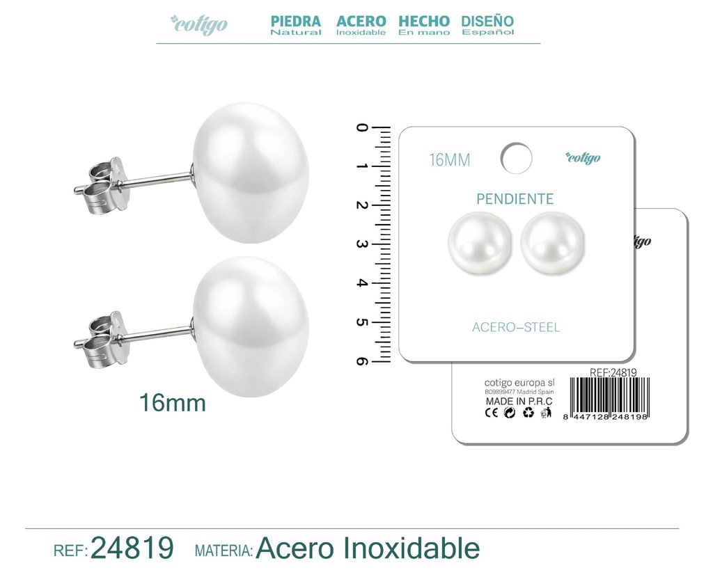 Pendiente de perla ovalada de 16 mm con accesorio de acero - Joyería y accesorios