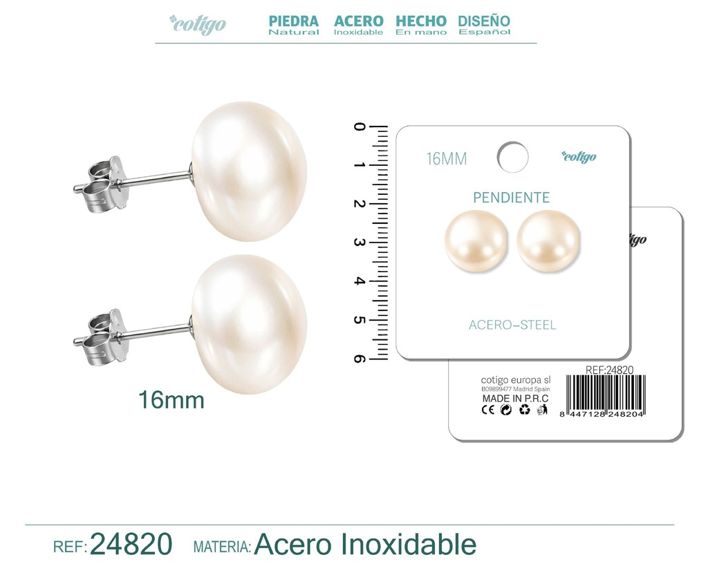 Pendiente de perla ovalada de 16 mm con accesorio de acero - Joyería y accesorios