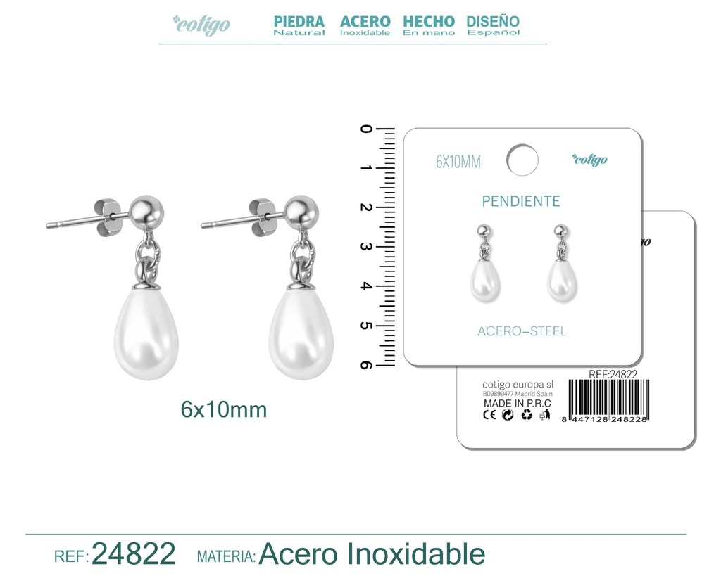 Pendiente de perla gotita de 6x10 mm con accesorio de acero - Joyería y accesorios
