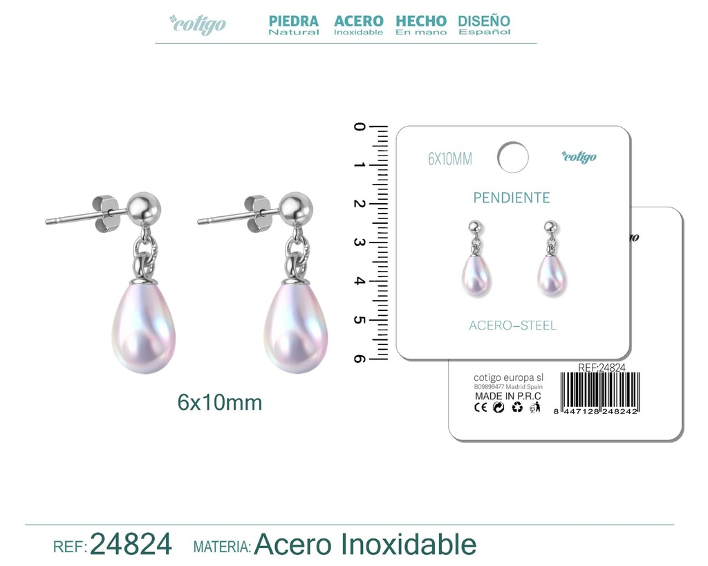 Pendiente de perla gotita de 6x10 mm con accesorio de acero - Joyería y accesorios