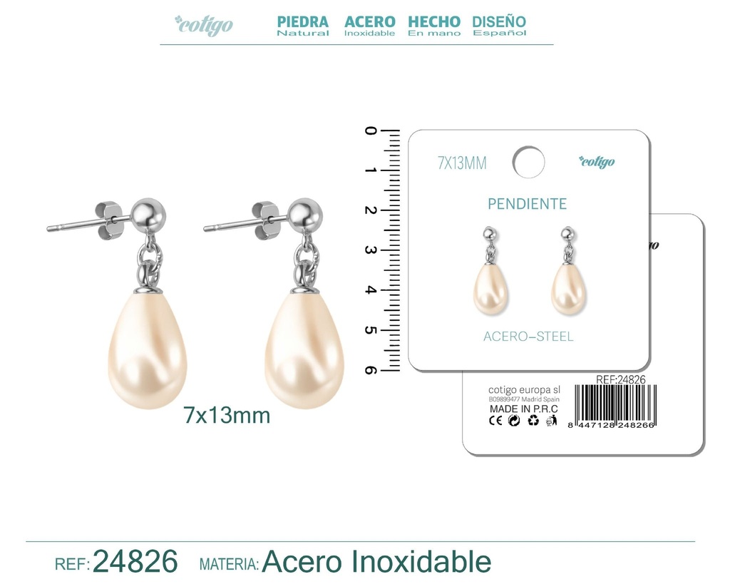 Pendiente de perla gotita de 7x13 mm con accesorio de acero - Joyería y accesorios