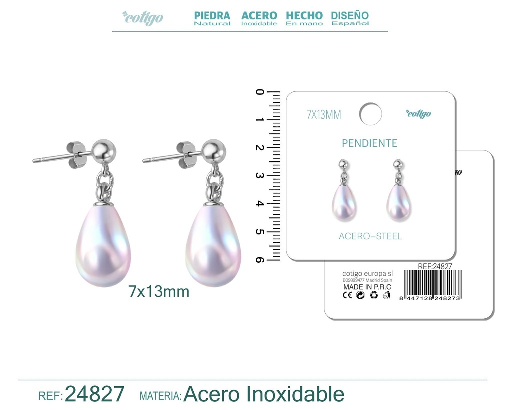Pendiente de perla gotita de 7x13 mm con accesorio de acero - Joyería y accesorios