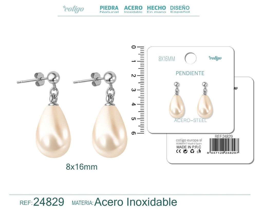 Pendiente de perla gotita de 8x16 mm con accesorio de acero - Joyería y accesorios