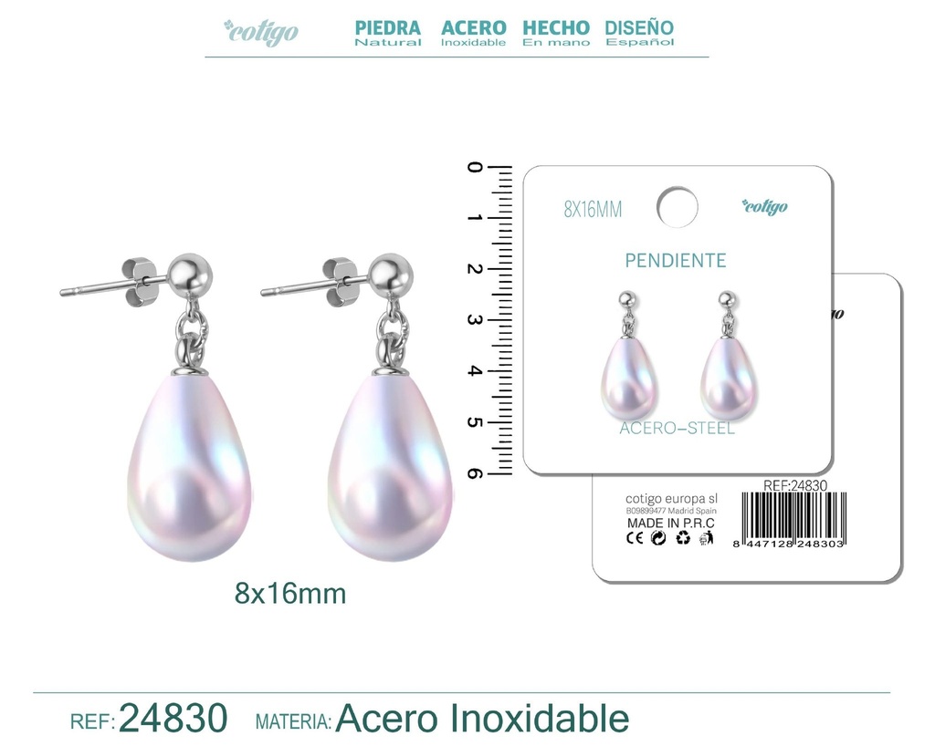 Pendiente de perla gotita de 8x16 mm con accesorio de acero - Joyería y accesorios