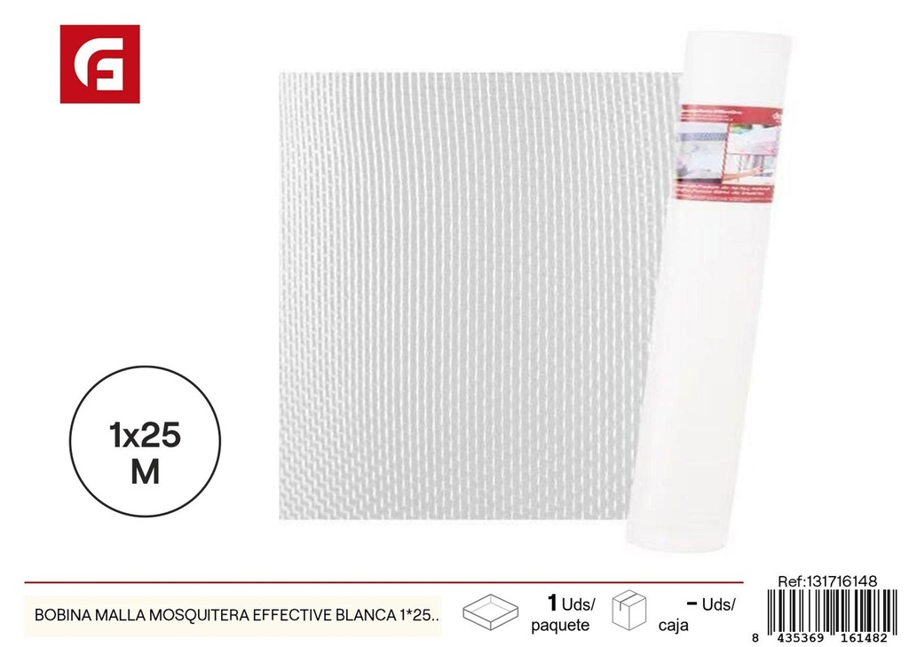 Bobina de malla mosquitera blanca Effective 1x25m - Reducción de mosquitos en verano