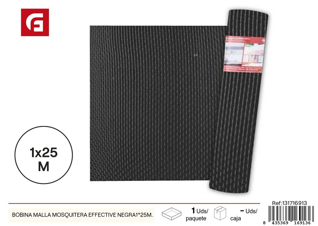 Bobina de malla mosquitera negra Effective 1x25m - Protección eficaz contra mosquitos