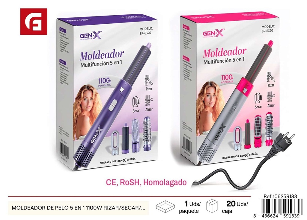 Moldeador de pelo 5 en 1 1100W - Rizador, secador y alisador de pelo