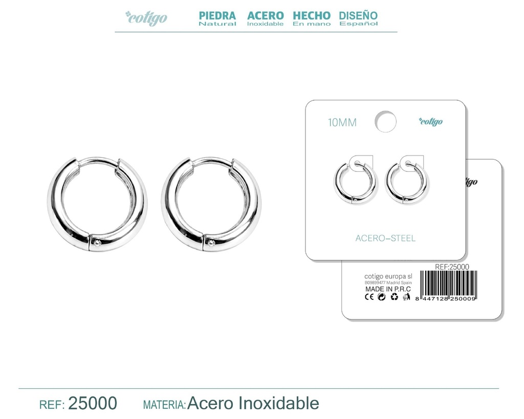 Aro de acero 10mm color plateado - Joyería y accesorios