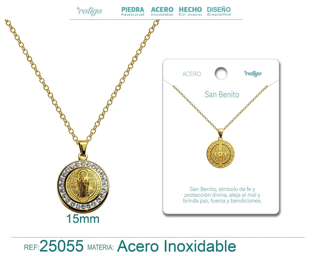 Colgante de San Benito de acero dorado - Joyas religiosas y colgantes