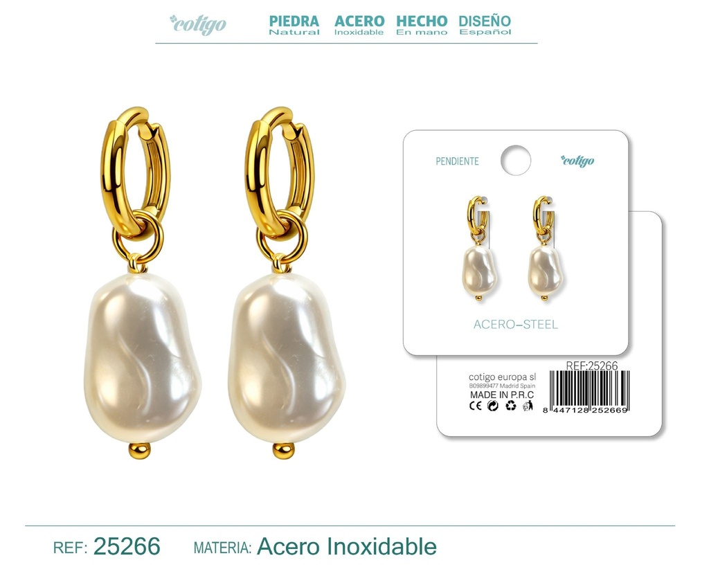 Pendientes de perlas Balotelli con aro de acero dorado - Joyas de perlas