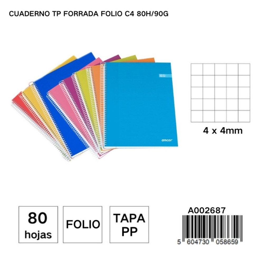  Cuaderno de tapas duras A4 en cuadros de 80 hojas 90g - Material escolar