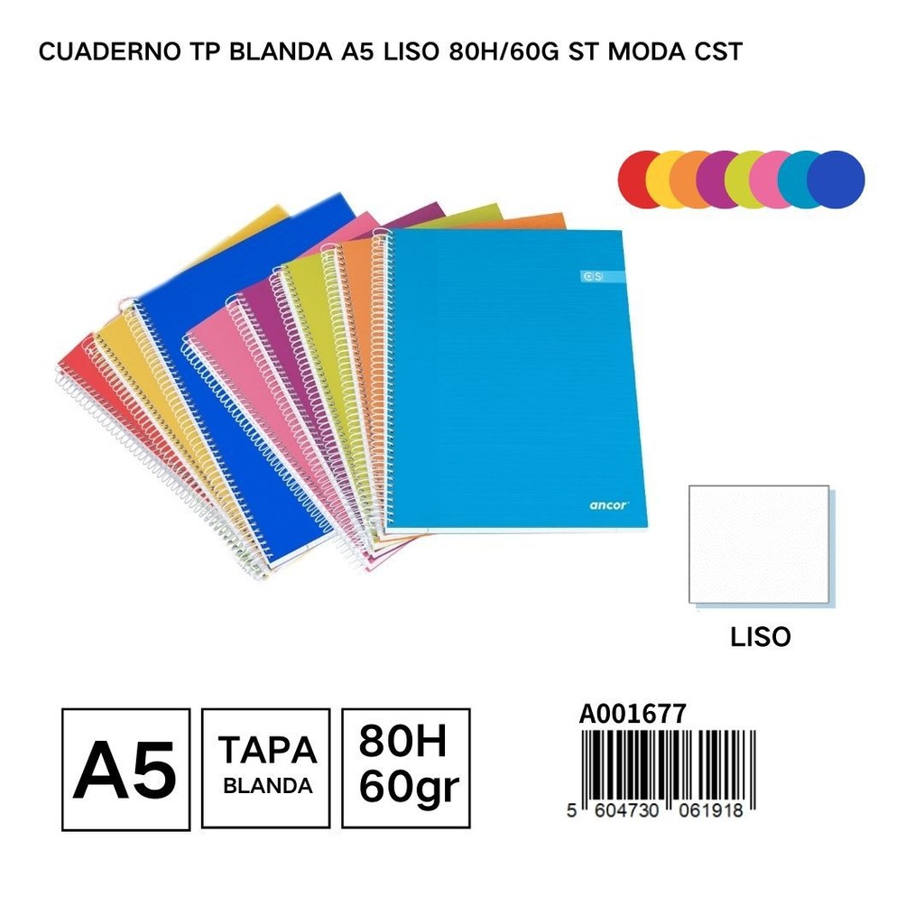 Cuaderno blando A5 liso 80 hojas/60g para notas y oficina