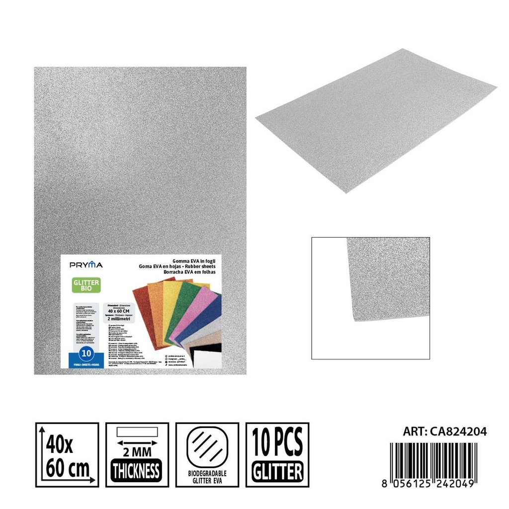 Goma EVA con purpurina bio 40x60 cm 2 mm plateada - Material artístico y de papelería
