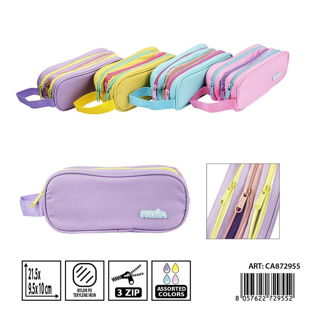Estuche cremallera PRYMA triple 21.5x9.5x10 cm color pastel - Estuches y mochilas
