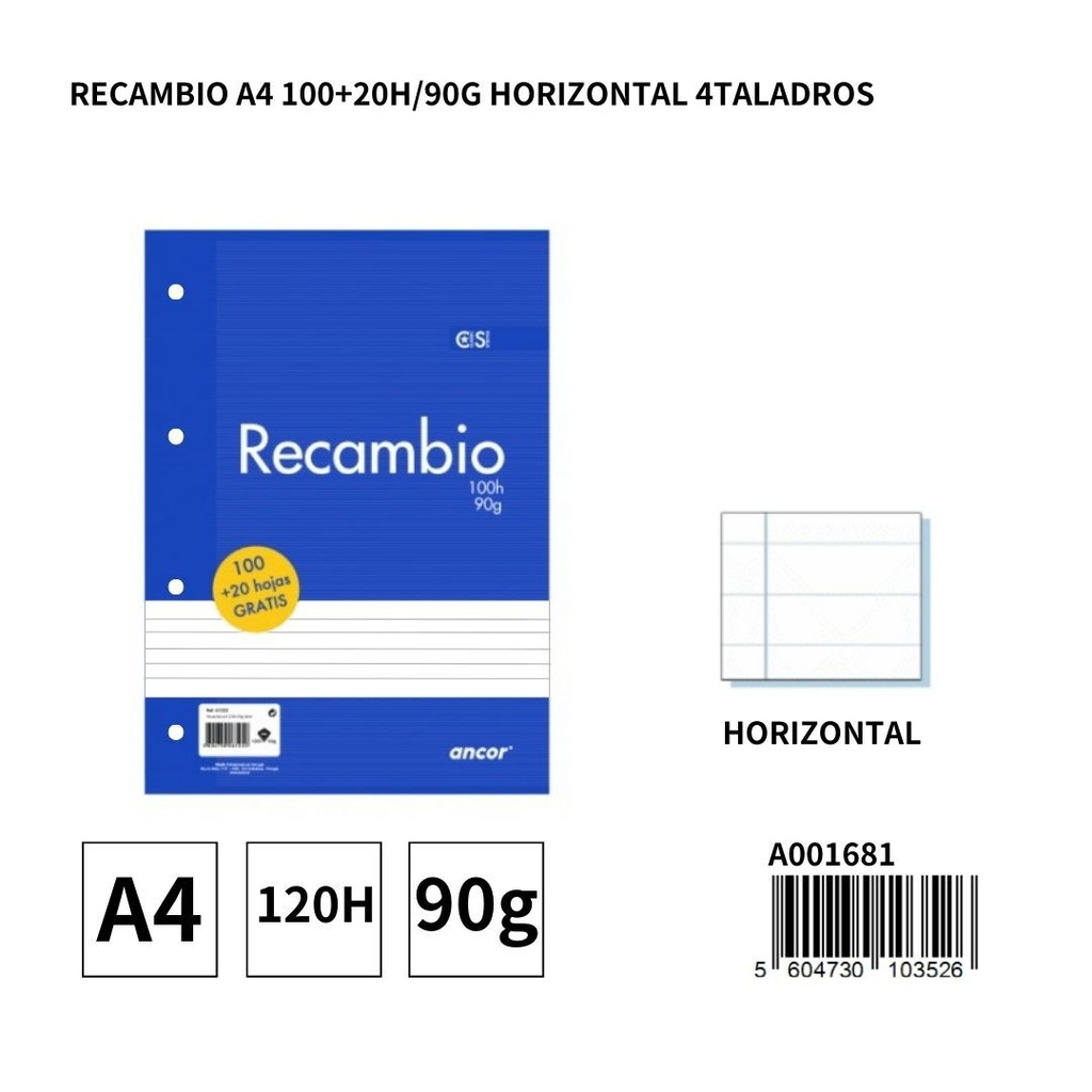 Recambio A4 100+20h/90g horizontal 4 taladros para carpetas y archivadores