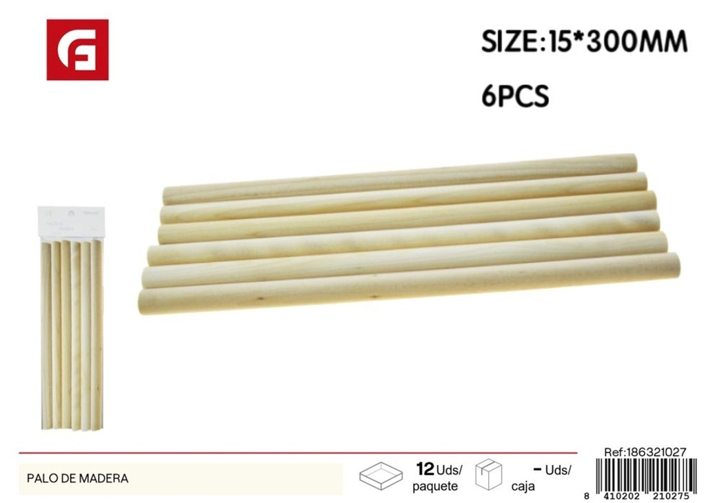 Bastones de madera redondeados #15 (6 unidades) - Materiales de manualidades