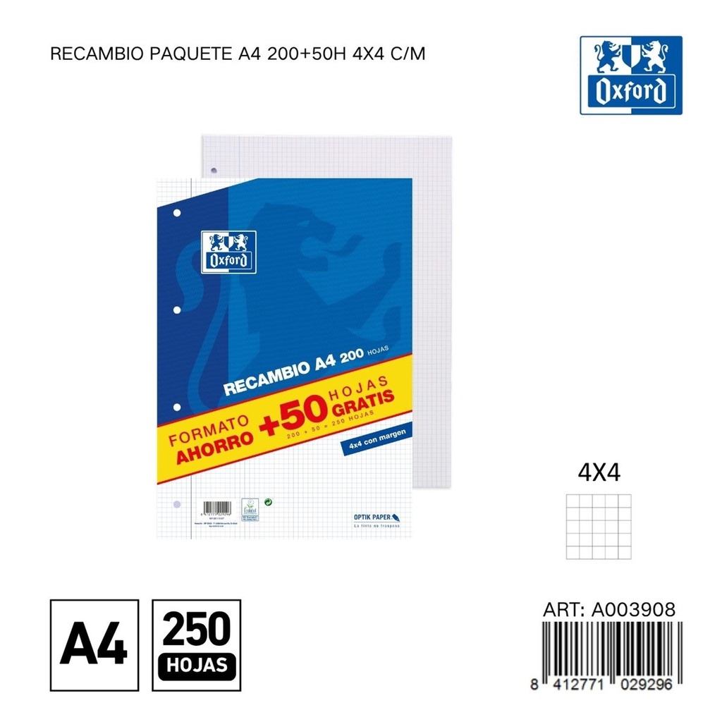Recambio A4 250 hojas 4x4 Oxford - Papelería y material escolar