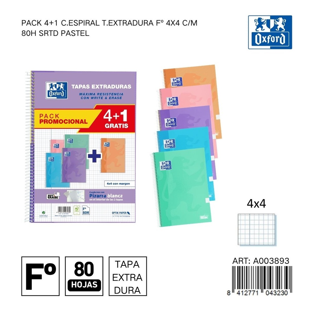 Cuaderno Oxford C.espiral T.extradura 4x4 5 unidades - Papelería y material escolar