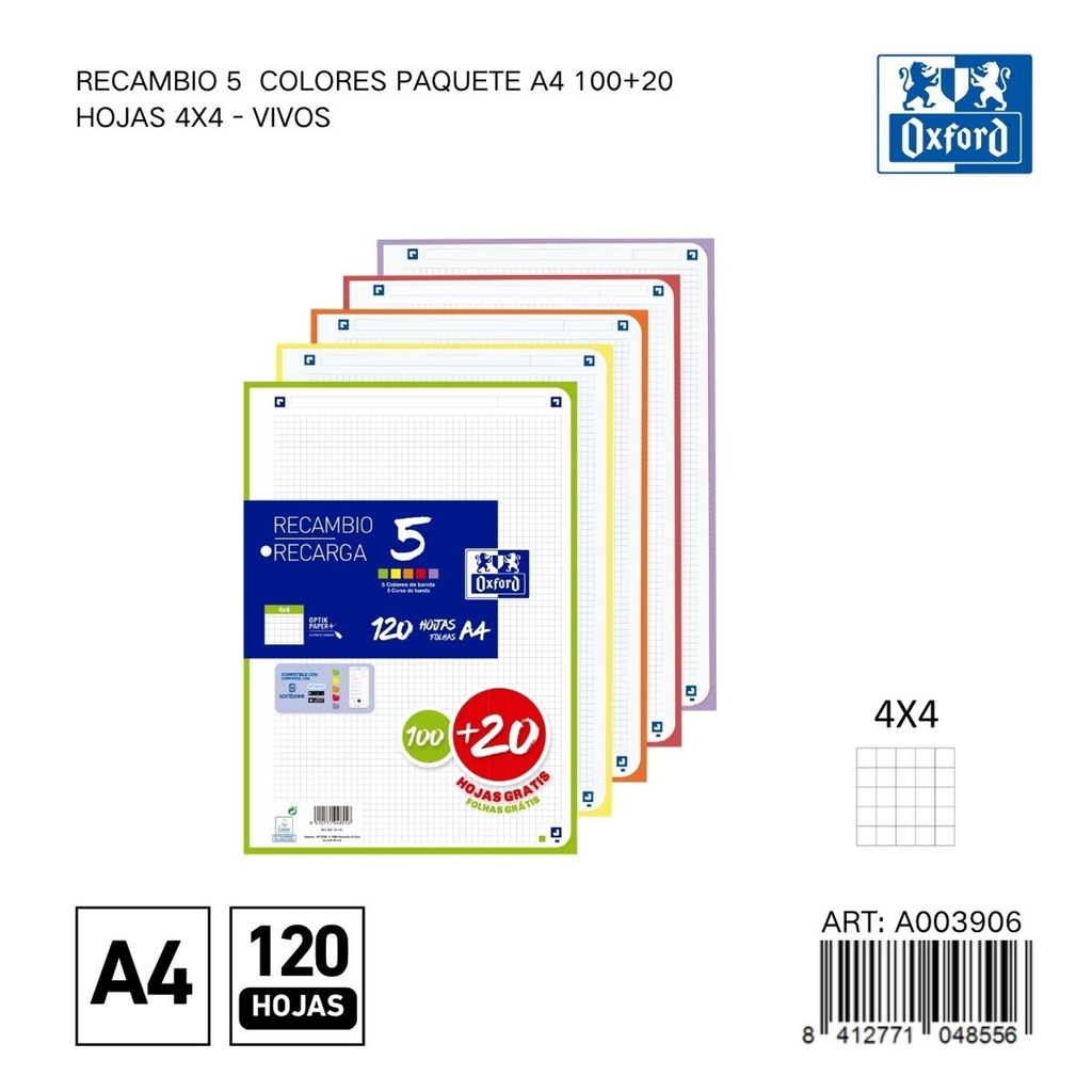Recambio A4 120 hojas 4x4 Oxford - Papelería y material escolar