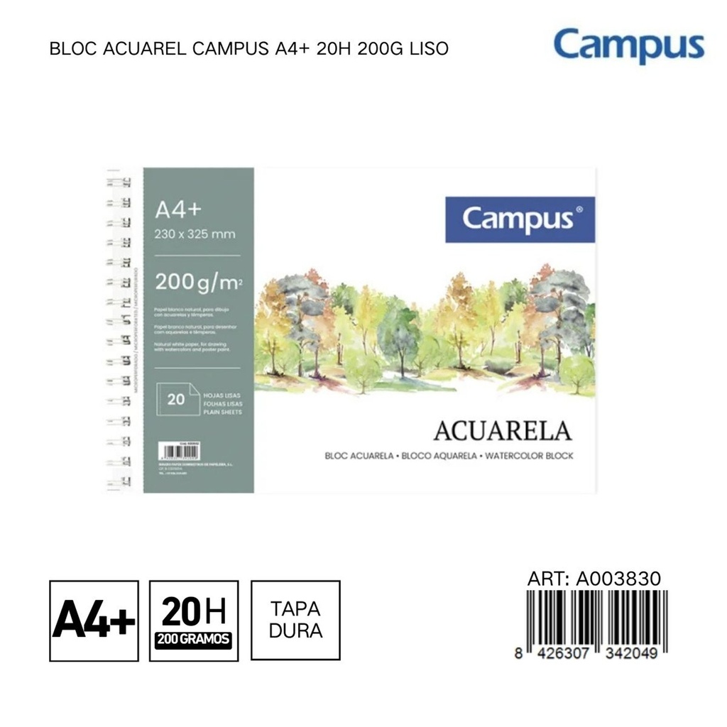BLOC ACUAREL CAMPUS A4+ 20H 200G LISO - Libreta de acuarelas para artistas