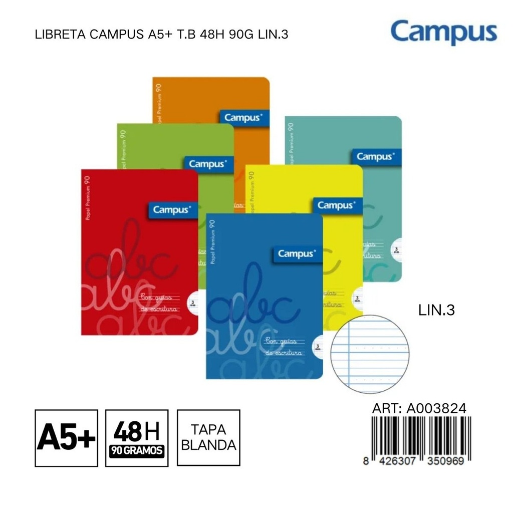 LIBRETA CAMPUS A5+ T.B 48H 90G LIN.3 - Libreta grapada con diseño creativo