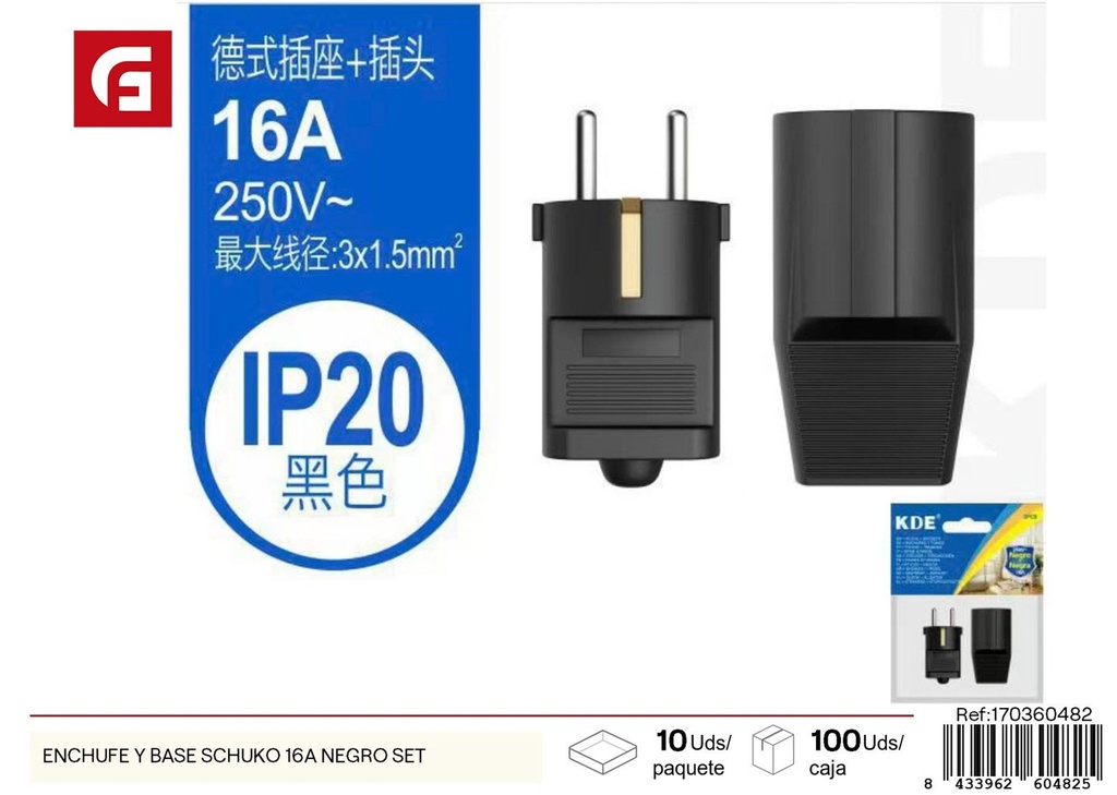 Set enchufe y base Schuko 16A negro - Suministros eléctricos y switches