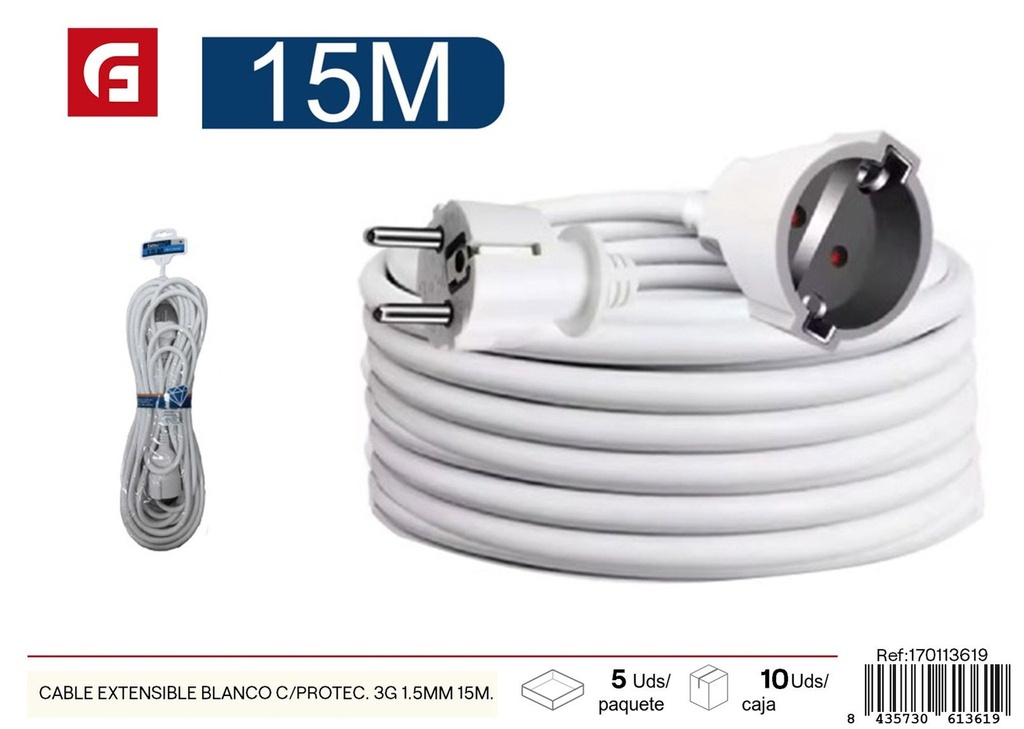Cable extensible blanco con protector 3G 1.5mm 15m - Accesorios eléctricos y alargadores