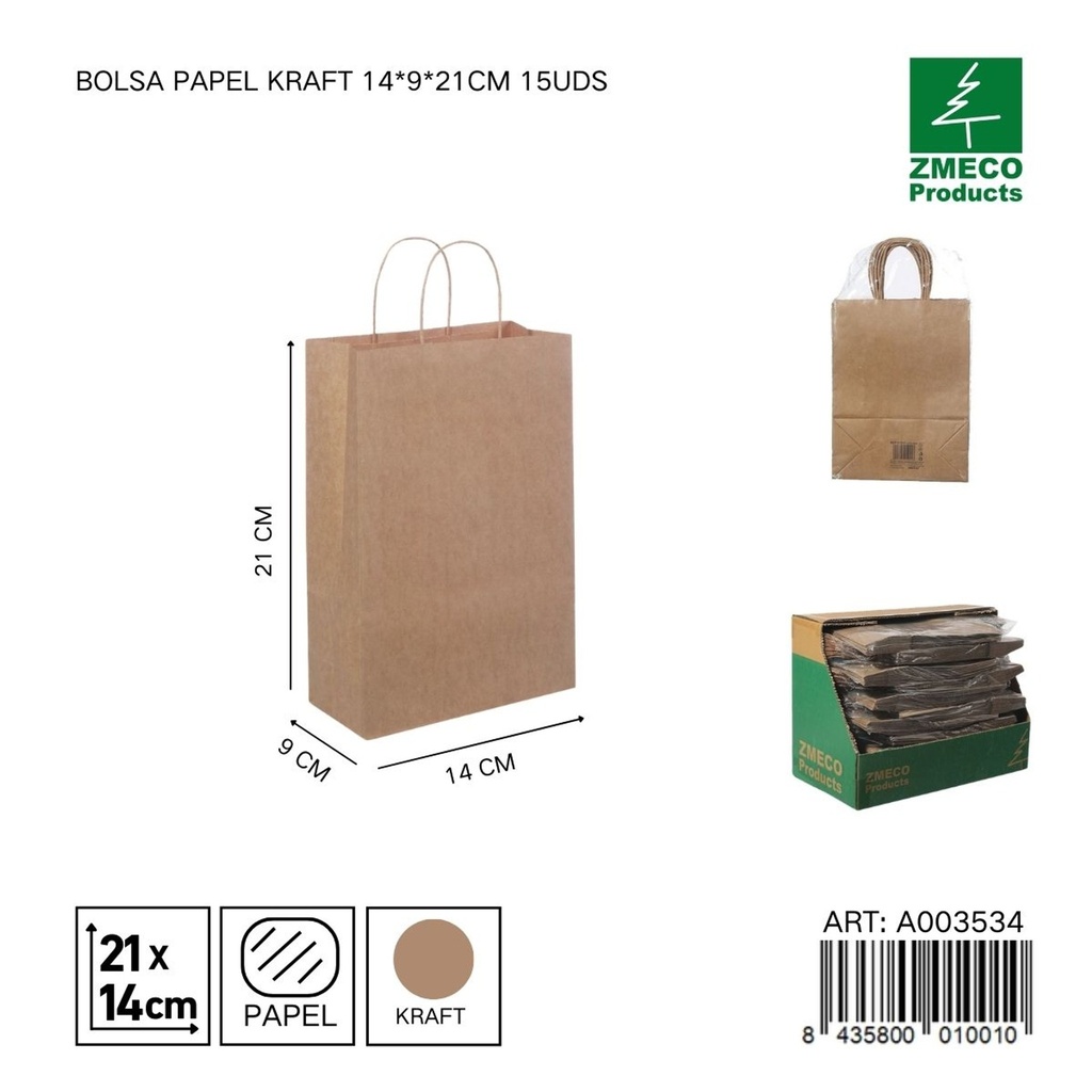 Bolsa de papel kraft 15 unidades 14*9*21 cm - Envíos y embalajes 