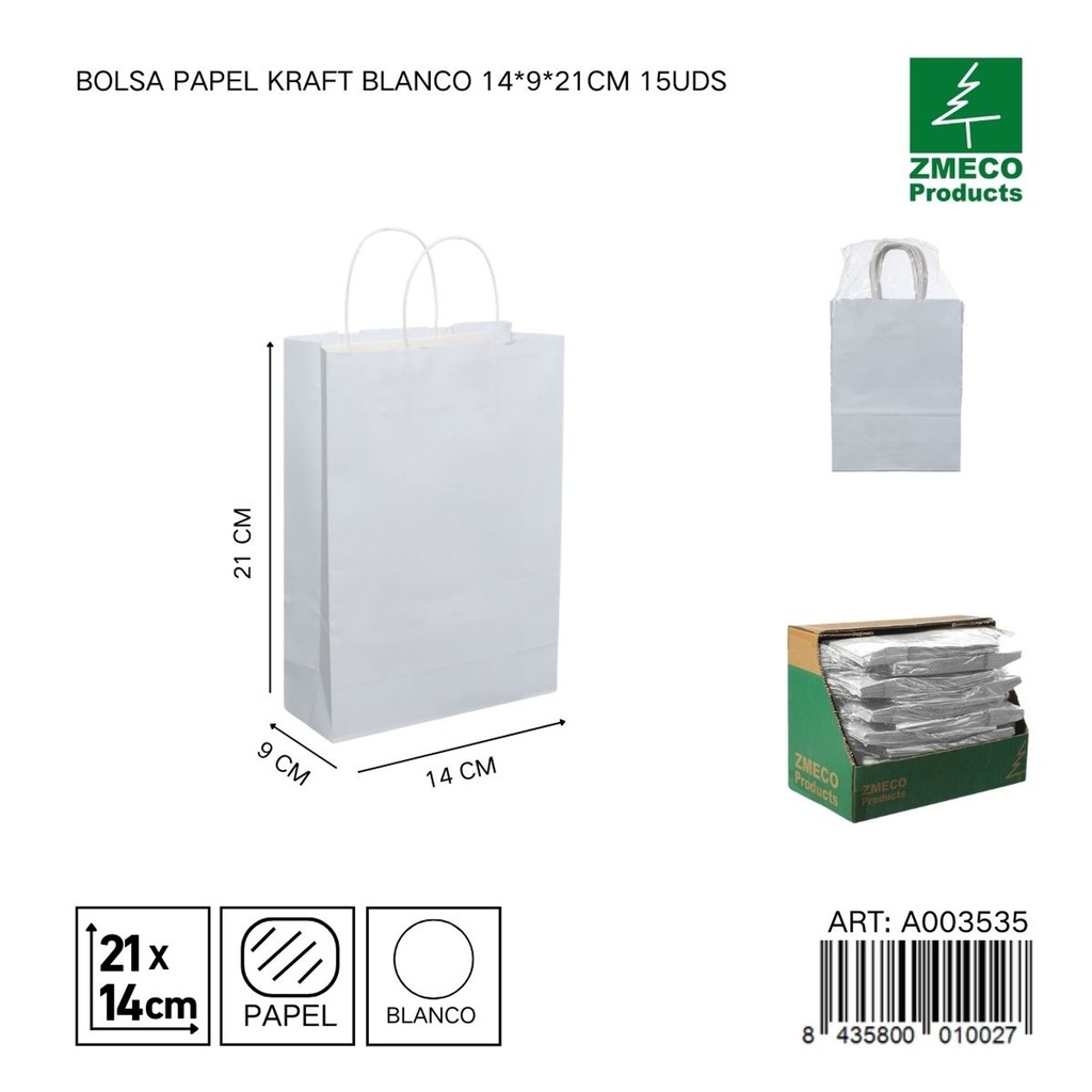Bolsa papel kraft blanco 14x9x21 cm 15 uds - Embalaje y productos de papel