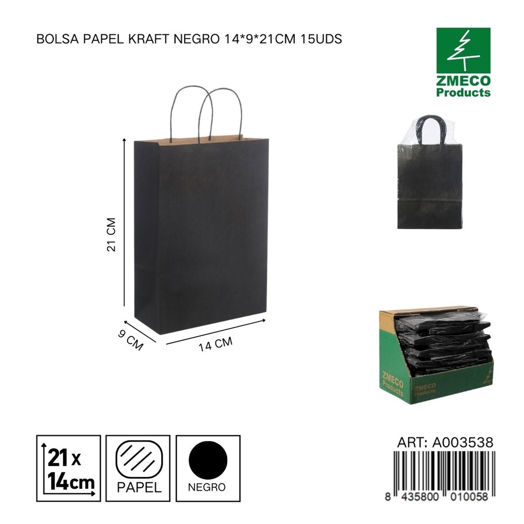 Bolsa papel kraft negro 14x9x21 cm 15 uds - Embalaje y productos de papel