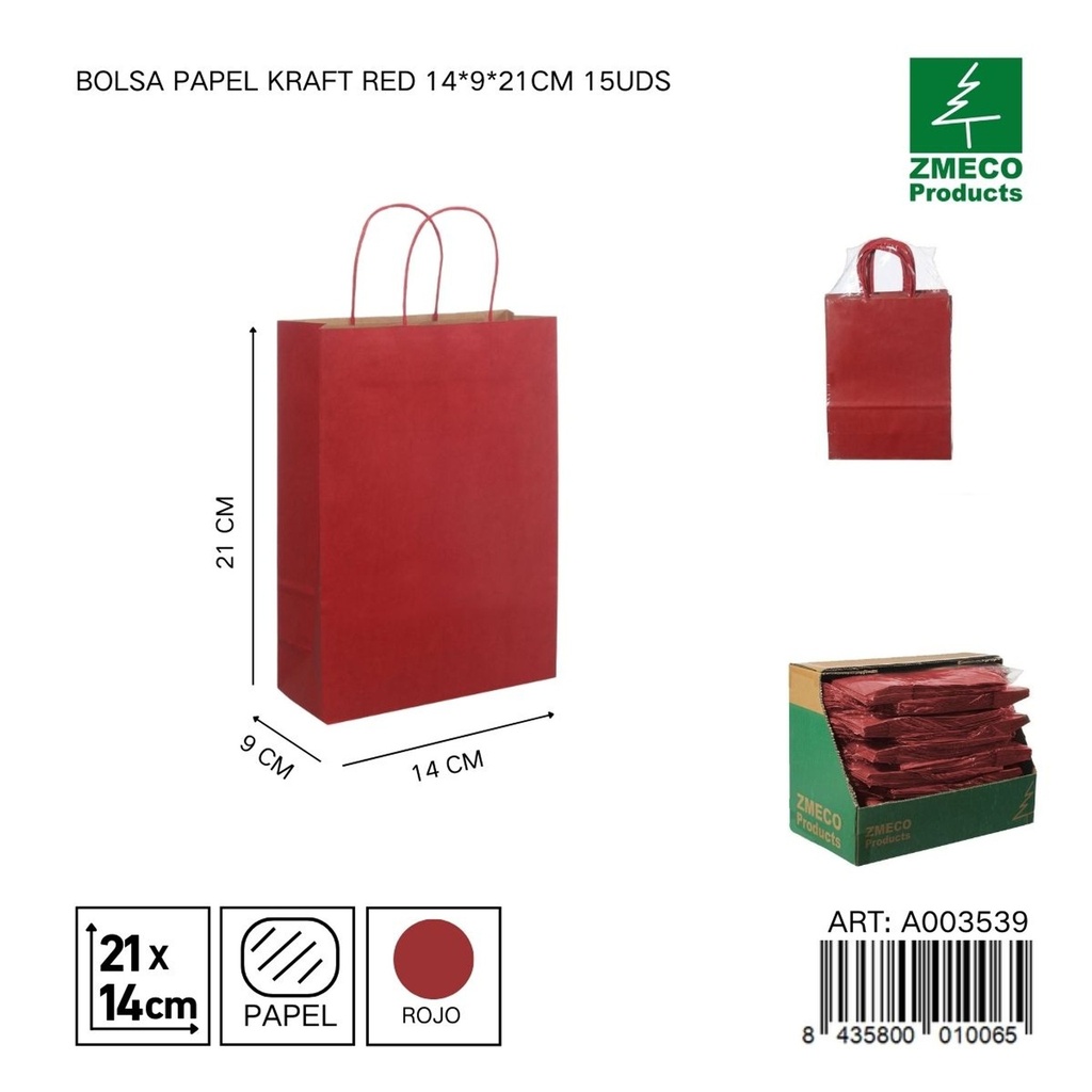 Bolsa papel kraft rojo 14x9x21 cm 15 uds - Embalaje y productos de papel