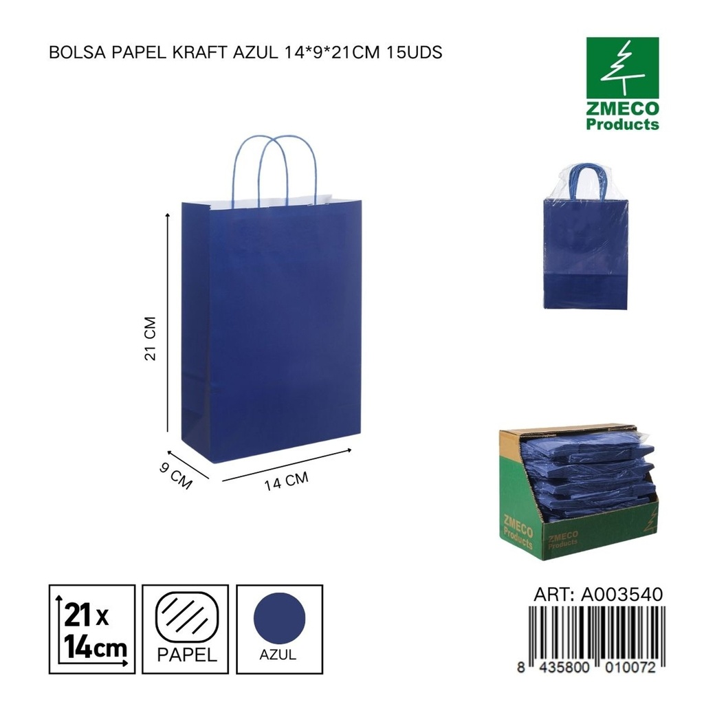 Bolsa papel kraft azul 14x9x21 cm 15 uds - Embalaje y productos de papel