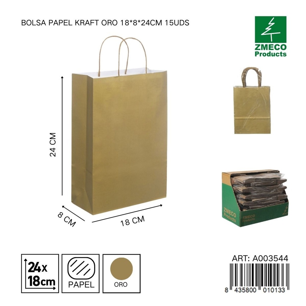 Bolsa papel kraft oro 18x8x24 cm 15 uds - Embalaje y productos de papel