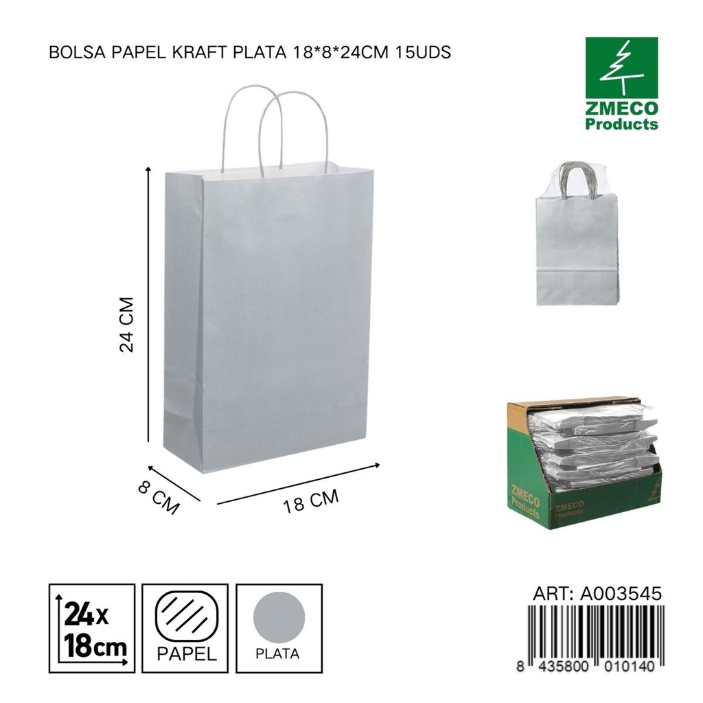 Bolsa papel kraft plata 18x8x24 cm 15 uds - Embalaje y productos de papel