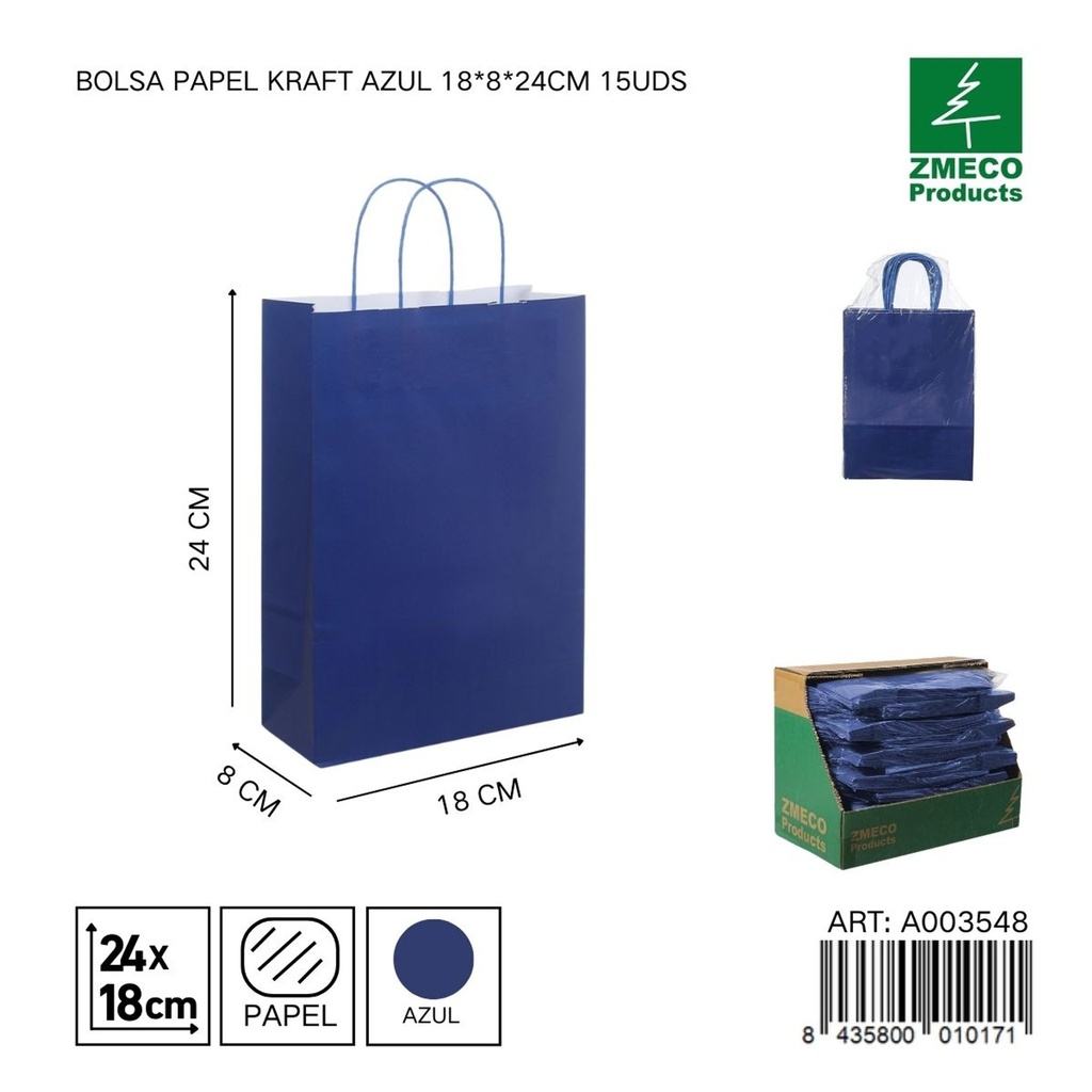 Bolsa papel kraft azul 18x8x24 cm 15 uds - Embalaje y productos de papel